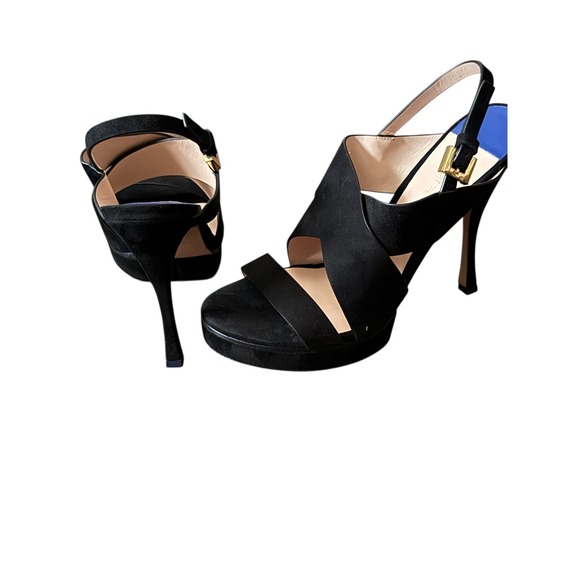 Stuart Weitzman Black Suede Platform Heels Gold Buckle NIB 9 - Picture 11 of 14